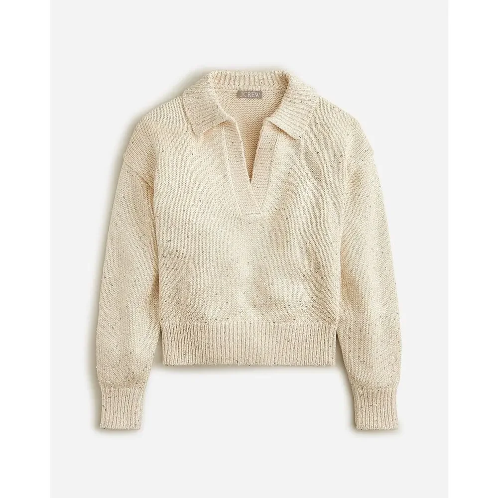 J. Crew Sequin Sweater Polo Cream Silver Sequins Long Sleeve Womens XS Neutral